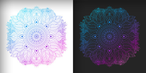 Ethnic patterns, flower mandala in a psychedelic dark and light palette with pink and blue gradients. Floral and abstract designs, oriental, indian, and asian motifs.