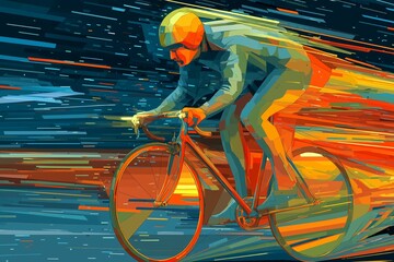 Abstract digital bicycle with rider speeding through night