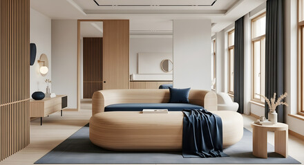 Modern Minimalist Living Room with Natural Wood and Navy Accents