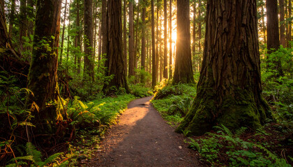 Obraz premium Sunlit Forest Path at Golden Hour
