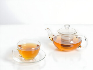 Glass teapot and cup containing tea, for brewing and serving beverage in a clear transparent design, offering a refreshing and visual experience
