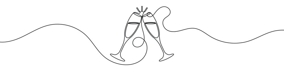 Continuous one line drawing of clinking champagne glasses. Minimalist celebration or toast symbol. Vector illustration.