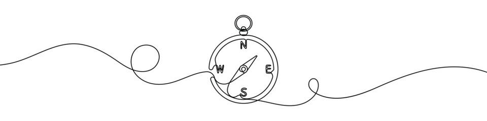 Continuous one line drawing of a compass. Minimalist navigation or travel symbol. Vector illustration.