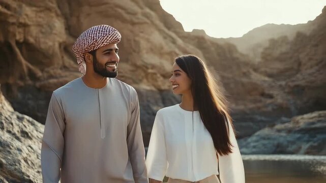 Arab couple walking peacefully in Middle Eastern valley sunset.