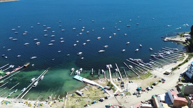 Aerial Drone View of Lake Titicaca and Copacabana Town in Bolivia