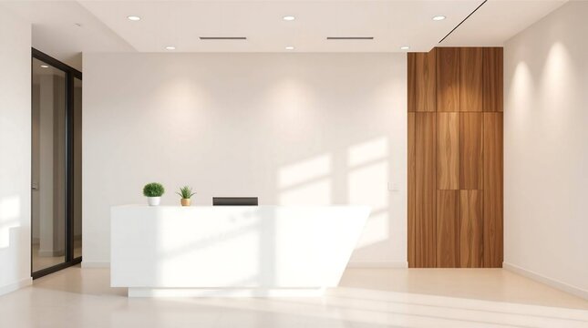 Bright modern reception area showcasing minimalist design with white reception desk and a warm wood accent cabinet providing a welcoming ambiance.