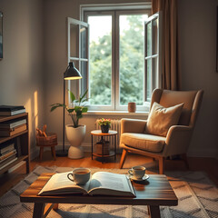 Fototapeta premium Airy Reading Space an open window fills a living area with natural light, highlighting a cozy armchair, potted plant, and an open book on a coffee table, perfect for quiet moments
