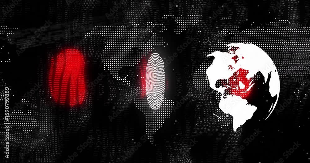 Poster fingerprint scanning starting from pulsing map marker, beam launching globe rotating mapping data
