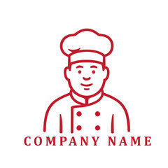 Minimalist black and white logo of a male chef with a round face, wearing a classic toque hat and double-breasted chef coat, illustrated with clean lines and simple details.