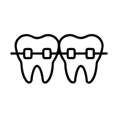 Two teeth with orthodontic braces for dental correction isolated on white background. Stomatology concept. Vector outline icon for health clinic
