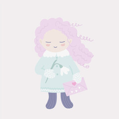 Cute character girl holding a snGirl holding a snowdrop and a love letter. Cute cartoon romantic illustration with a child in pink green pastel colors. Kind art with funny charowdrop and a love letter