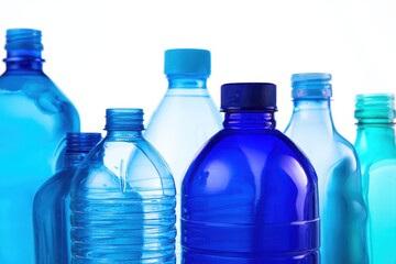 Group of various sized blue plastic water bottles