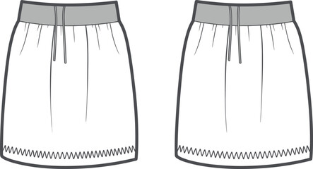 Women’s casual skirt front and back view, elastic waistband, zigzag hem detail, cad drawing, fashion flat sketch, vector illustration