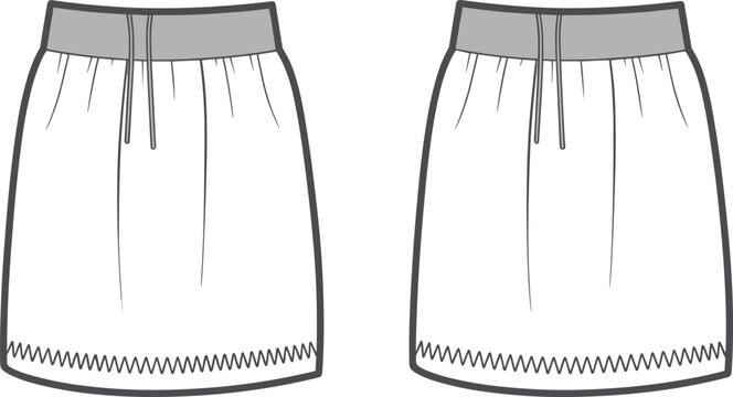 Women’s casual skirt front and back view, elastic waistband, zigzag hem detail, cad drawing, fashion flat sketch, vector illustration