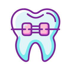 Human tooth with braces showing orthodontic treatment for dental health awareness and stomatology. Vector icon for dentistry clinic, website, mobile app