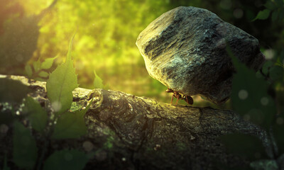 Starke motivierte Ameise trägt einen Stein 3D