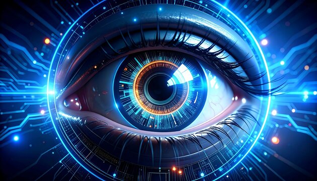 Close-up futuristic eye with digital circuits
