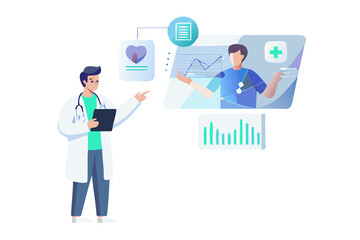 A doctor analyzes patient health data on a futuristic holographic dashboard interface.