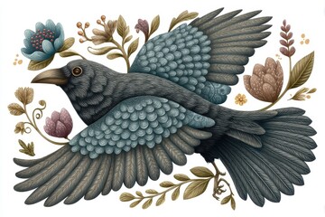 Blue Gray Crow in Flight Among Vintage Floral Illustration