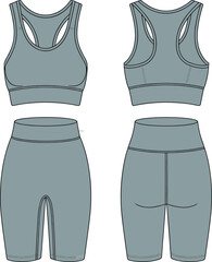 Women's sports bra and biker shorts activewear set flat sketch, front and back view, technical fashion drawing for fitness apparel