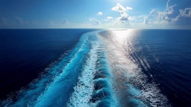 Viewed from above a majestic cruise ship sails steadily leaving a frothy white wake that curls and dissipates behind it. The clear sunlit sky radiates brightness enhancing the tranquil