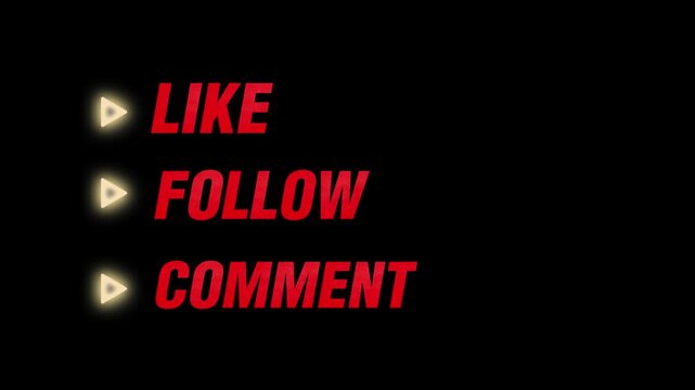 Engaging animated call to action: Like, Follow, Comment with glowing play button icons for social media.


