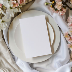 Beautiful wedding card mockup arranged on cloth with minimalistic props and cozy ambiance, perfect for branding romantic and creative invitation designs