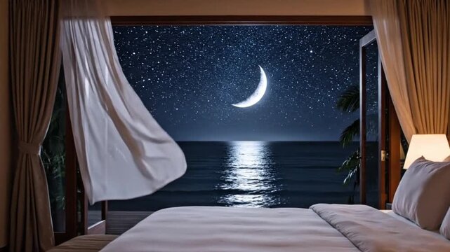 Cozy bedroom with open wooden doors overlooking a tranquil ocean under a starry sky and bright full moon, creating a peaceful nighttime retreat.