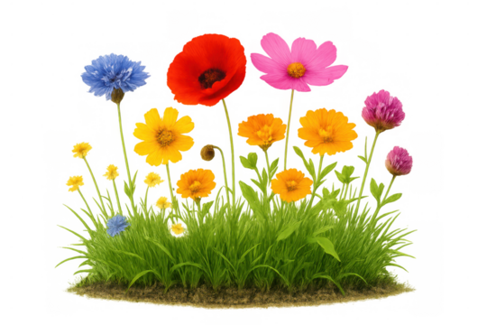 Colorful wildflowers spreading across verdant grassland, highlighting botanical diversity with transparent backdrop for creative nature projects