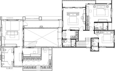 Vector Layout Plan of Residential Second Floor - Bedroom, Walk-in Closet, and Bathroom Interior Design