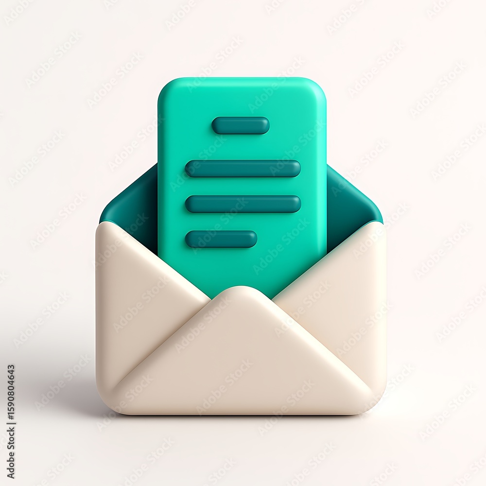 Poster 3d render of a teal document inside an open cream envelope isolated on white background
