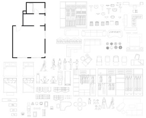 Vector Bedroom Suite Layout with Walk-in Closet and Furniture Arrangement in Framed Room Plan
