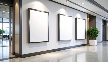 Modern Office Hallway with Blank Frames Mockup