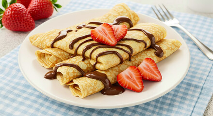 Pancakes topped with chocolate and strawberries on a plate  