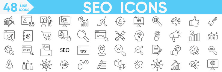 SEO line icon Vector and illustrator set.Containing business, analytics, keyword, marketing, target, traffic, ranking, optimization, link and more.Search engine editable stroke.