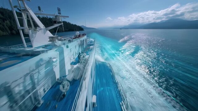 A panoramic exterior shot of the ferry sailing at high speed with motion lines indicating rapid movement juxtaposed with arrows illustrating how the regenerative braking system captures