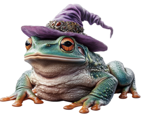 A whimsical frog wearing a purple wizard hat, exuding charm and magic.