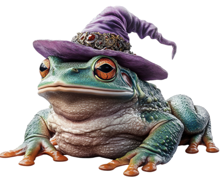 A whimsical frog wearing a purple wizard hat, exuding charm and magic.