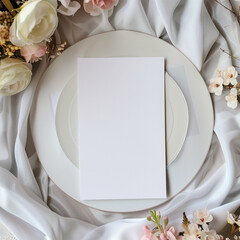 Romantic wedding invitation mockup set on fabric with dried floral elements and elegant tones, perfect for soft aesthetic presentation of invitation artwork