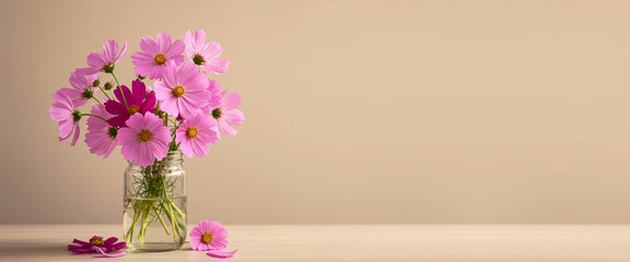 Obraz premium Pink flowers in a glass vase on wooden table with beige background 