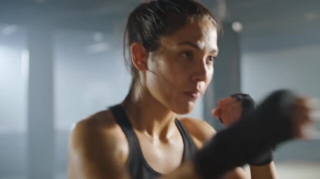 Intense Female Boxer Training in Gym: Preparing for a Fight with Focus and Determination