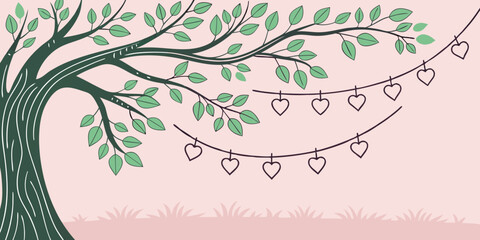 Romantic green  tree lights backdrop for Valentine's Day or lovers day  in pink background vector illustration. 
