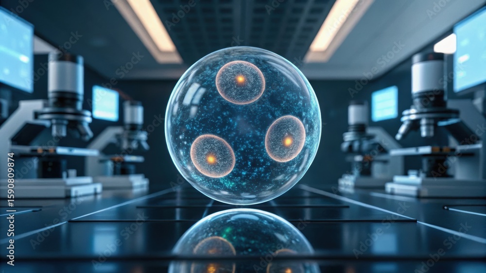 Aufkleber a futuristic lab scene featuring a glowing sphere with particles, surrounded by microscopes and digi