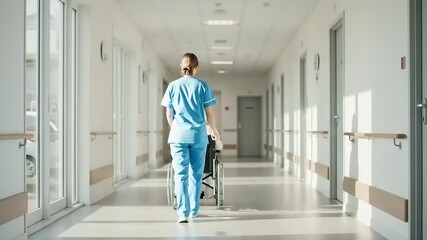 Nurse pushing a patient in a wheelchair down a hospital corridor. - Powered by Adobe