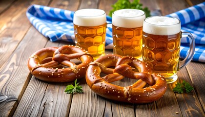 Oktoberfest concept - pretzels and beer on rustic wood background