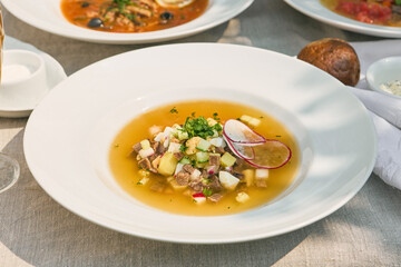 Okroshka with beef and kvass, bright overhead summer soup presentation in a wide white bowl