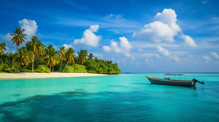 Fototapeta premium Tropical beach. Summer vacation on a tropical island with beautiful beach and palm trees. Tropical Maldives.