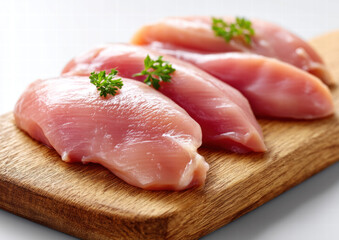 Raw boneless chicken breast with fresh parsley on wooden cutting board ready for cooking