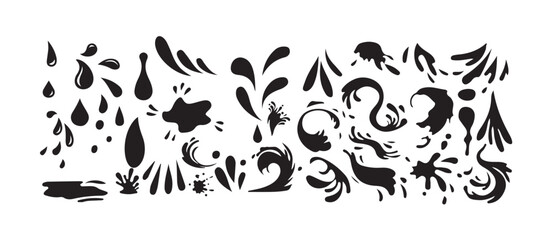 Water Splash & Droplet Icon Pack – Clean Liquid Motion Vector Elements, Ink Spray and Water Splash Icons - Graphic Style Effects Pack, vector illustration eps 10.