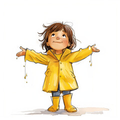 Illustration of a girl in yellow raincoat looking up with arms outstretched